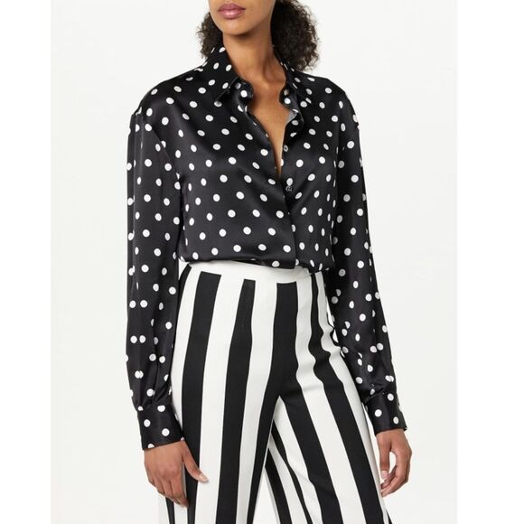 Sergio Hudson Polka Dot Silk Charmeuse Button-Up Blouse, NWT, Black-White XL - Picture 10 of 13